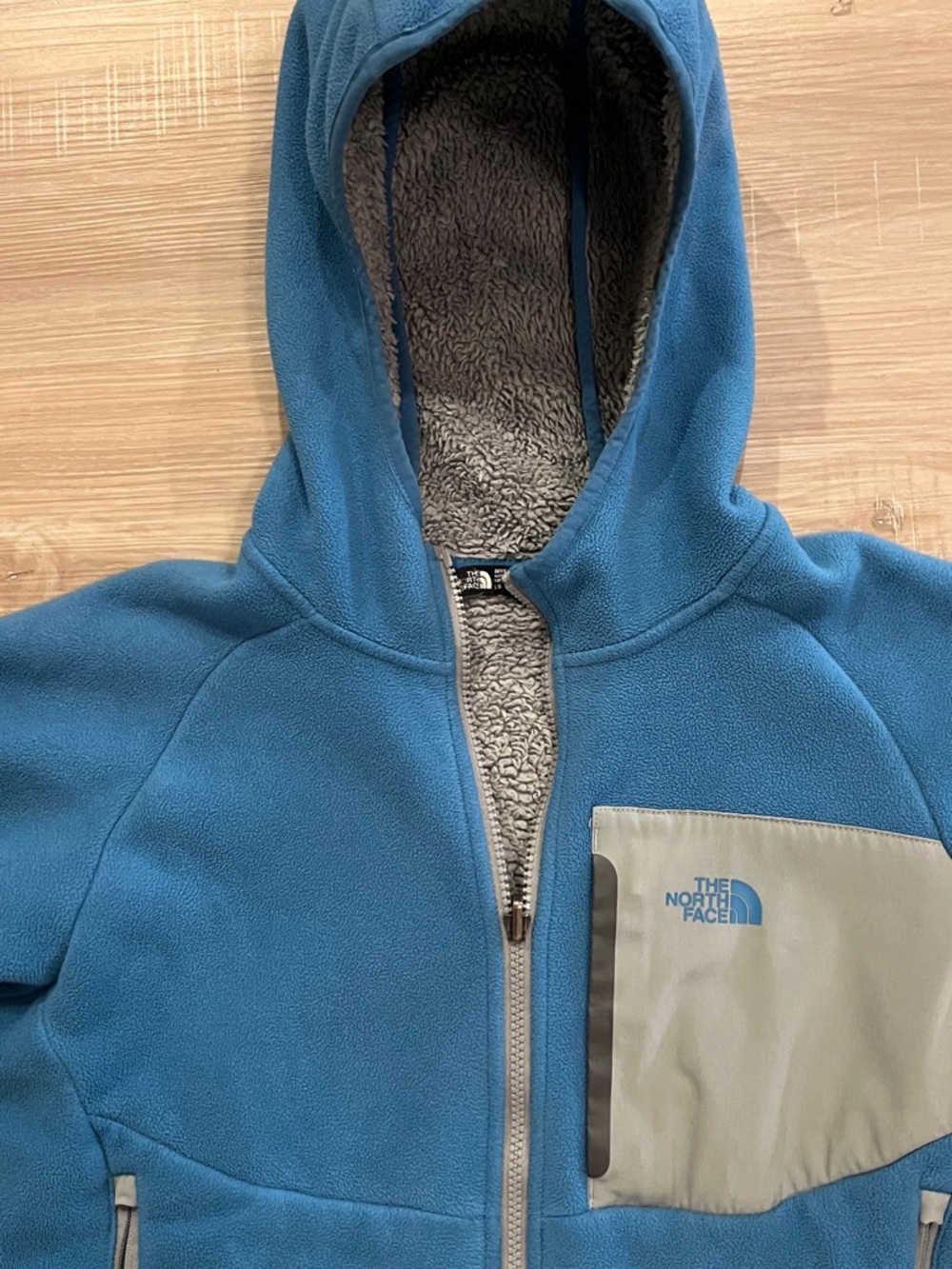 The North Face Blue and Gray Sherpa-Lined Hooded Fleece